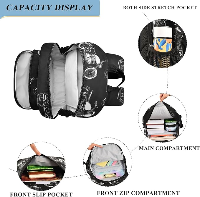 Fisyme Black White Motorcycles School Backpack Laptop Backpacks Bags Bookbag Travel Casual Computer Notebooks Daypacks