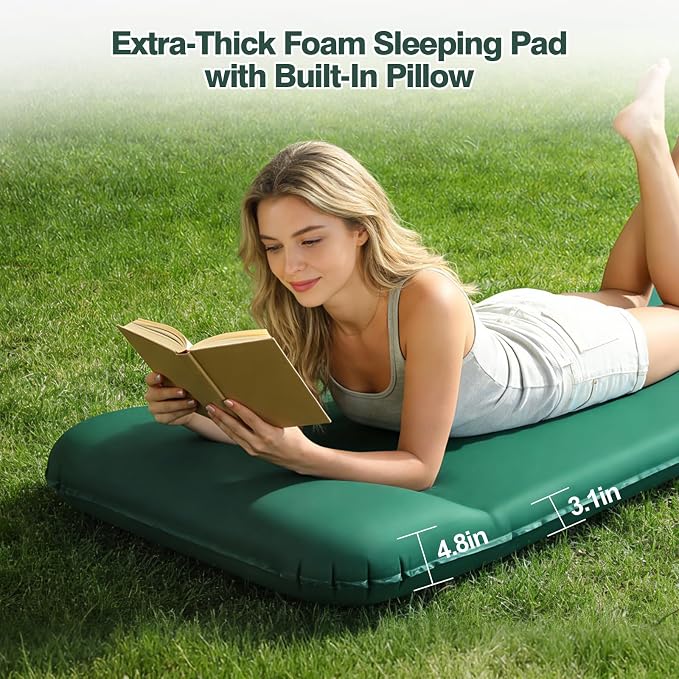 Memory Sleeping Pad, 3.1" Ultra-Thick Foam Sleeping Mats for Camping, 9.5 R-Value Insulated Self Inflating Sleeping Pad with Pillow, Camping Mattress Pad for Car Travel Tent