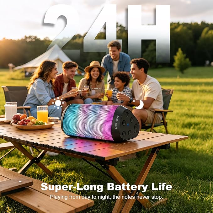 Portable Bluetooth Speaker Powerful HD Loud Sound, LED Lights, IPX4 Wateproof, 24H Playtime, Wireless TWS Pairing, Built-in Mic, for Home/Outdoor/Party, Birthday Gifts for Father Men Dad Husband