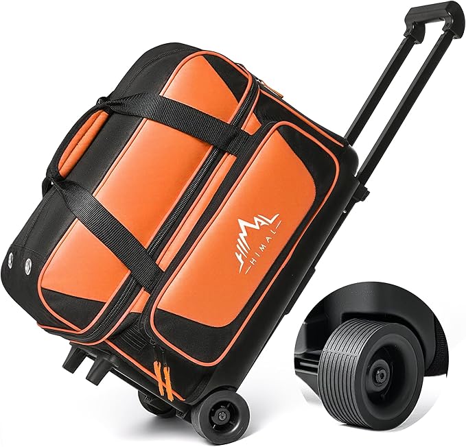 GoHimal Double Roller 2 Ball Bowling Bag with Separate Shoe Compartment for Bowling Shoes (Up To US Mens Size 15) and Oversized Accessory Pocket, Retractable Handle - Extends to 40"
