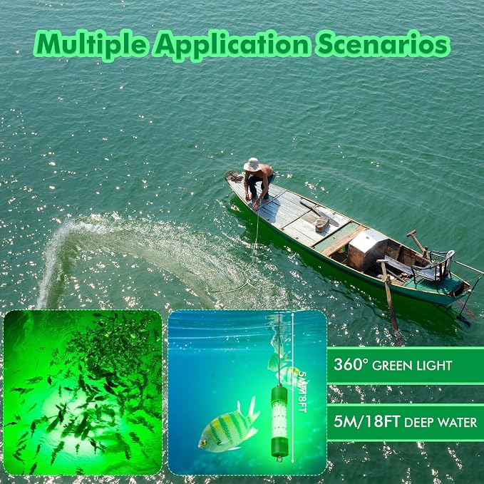VIHOSE 2 Pack 70w 12v LED Underwater Fishing Light: Ip68 Green Waterproof Light 72 LEDs 18ft Fish Attractor for Boat Dock Night Fishing Snook Crappie Compatible with Battery Clips Cigarette Lighter