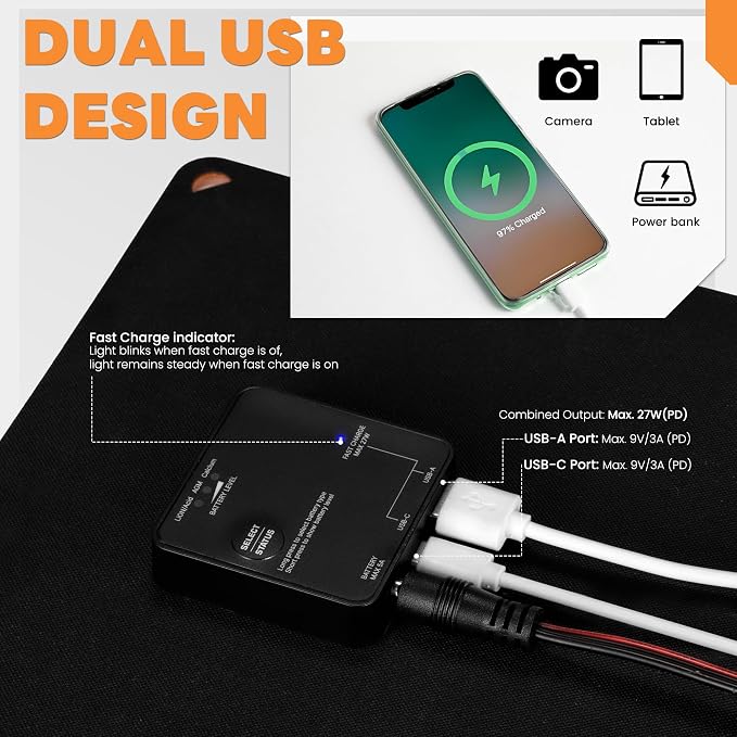 FieryRed 20W 12V Solar Panel Car Battery Charger & Maintainer, Foldable Trickle Charger with Built-in Controller, Cig Plug, Alligator Clips, USB-C, USB-A Outputs for Car, Boat, RV, Tractor
