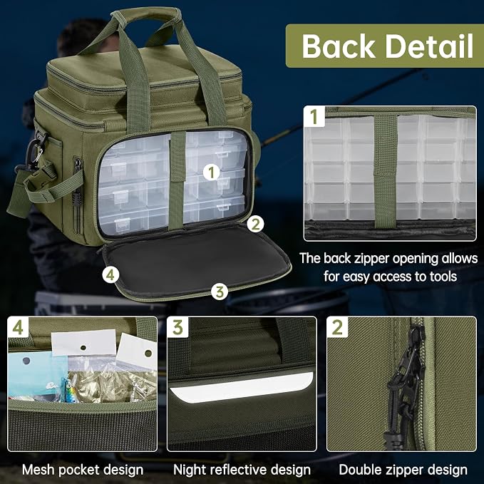 Fishing Tackle Bag - Holds 3400-3600 Size Tackle Boxes -Saltwater & Freshwater Fishing Bags - Padded Shoulder Strap Fishing Bags(Green) (Bag Only)
