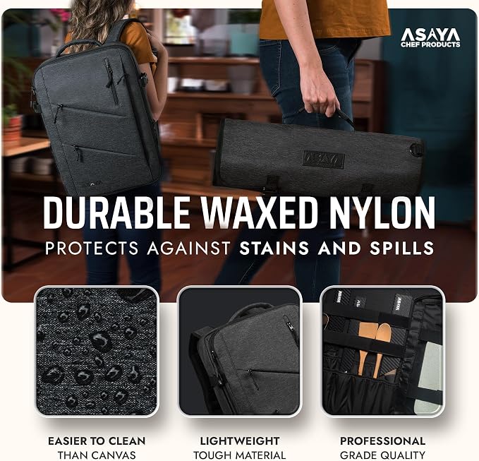 Asaya Chef Knife Backpack with 20-Pocket Knife Roll Bag - Over 30 Storage Pockets Chef Bag, Professional Backpack for Chefs and Culinary Students – Knives Not Included (Black)