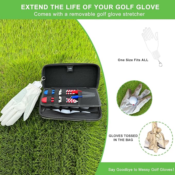 SENIKO Golf Glove Holder with Removable Golf Glove Shaper Water-Resistant Protective Hard Shell golf bag holder for Phone,Tees, Ball Markers,Repair Tools,Golf Accessories Golf Gifts for Men (Black)