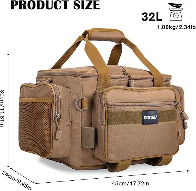 Goture Fishing Tackle Bag,Store Up to 4PCS 3700 Tackle Boxes(Not Included),600D Soft Side Water-Resistant Saltwater Gear Storage Fishing Bag with Rod Straps,Detachable Water Bottle Pouch,SBS Zippers