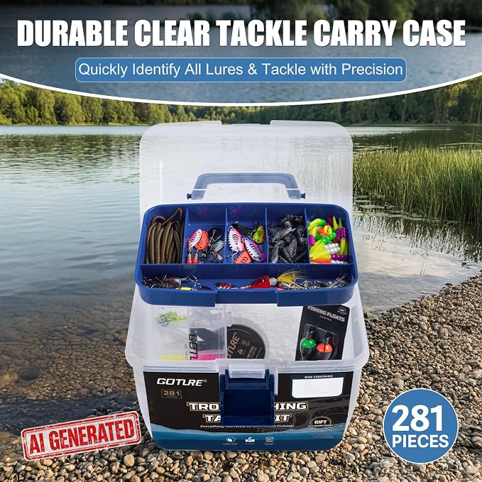 Goture 2-Layer Fishing Tackle Box with Trout Fishing Lures Kit Included, Portable Tackle Organizer with Hooks Sinkers Spinners & Soft Baits, Ideal Fishing Gifts for Men Anglers