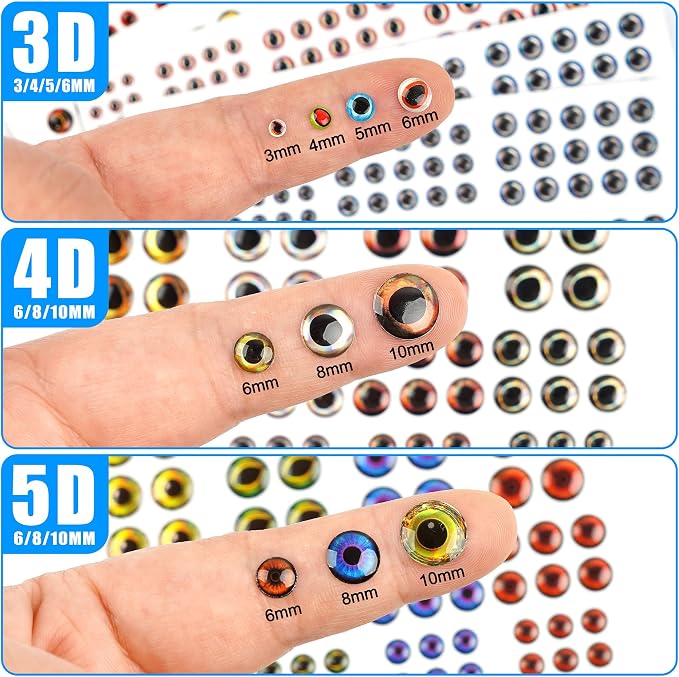 1347pcs Fishing Eyes 3D/4D/5D Realistic Fish Lure Eye for Lures Making Fishig Bait Fly Tying Streamers Lures Crafts 3 mm/ 4 mm/ 5 mm/ 6 mm/ 8 mm/ 10 mm