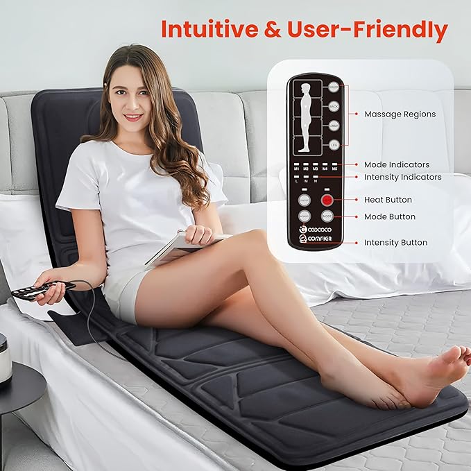 CooCoCo Massage Mat with Heat, Full Body Massage Mat with 10 Vibration Motors, Back Massager for Neck and Back, Bed Massager for Shoulder Leg, Back Massage Pad for Dad Mom, Gifts for Men Women