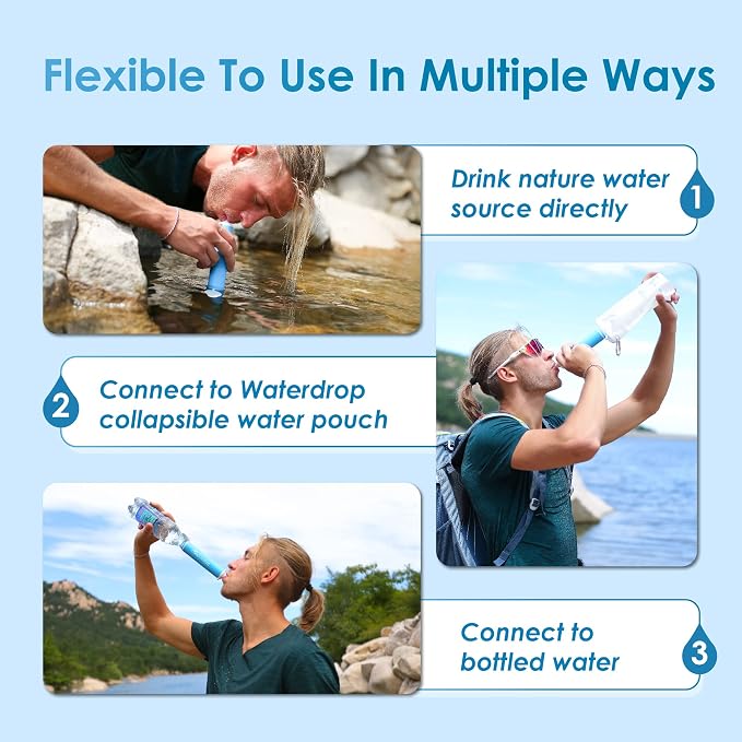 Waterdrop Water Filter Straw 3 Pack with Gravity Water Bag, Gravity Water Filtration System, Water Purifier Survival for Travel, Backpacking, 1.5 gal Bag, 0.1 Micron, 5 Stage Filtration