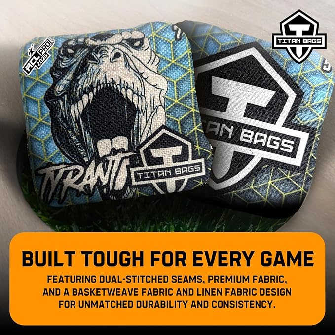 Titan Bags Tyrant Cornhole Bags – Regulation Cornhole Bean Bag with Linen Grip for Strategic Drag Shots, All-Weather Power Grip Pellets for Indoor and Outdoor Tossing