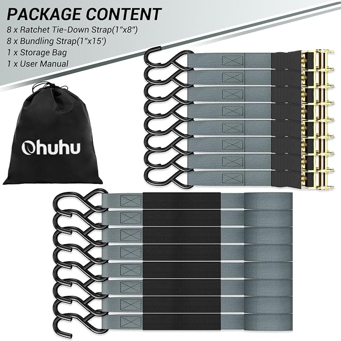 Ohuhu Ratchet Tie Down Strap 15 Ft - 500 lbs Load Cap with 1500 lbs Breaking Limit, Ratchet Tie Downs Logistic Cargo Straps for Moving Appliances, Motorcycle (Grey, 8-Pack)