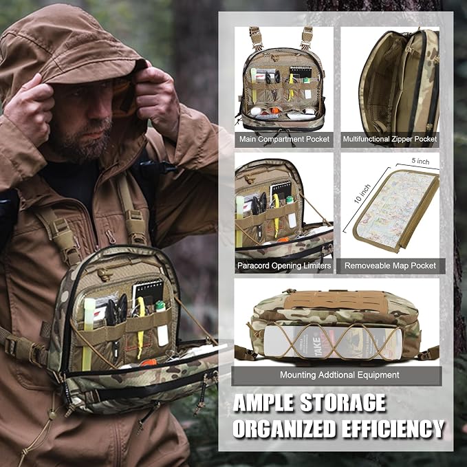 VOTAGOO GEAR Tactical Chest Rig Bag, 3L Utility Hypalon Molle Chest Rig With Map Pocket 500D Cordura Chest Bag for Hunting Workouts (Multicam)