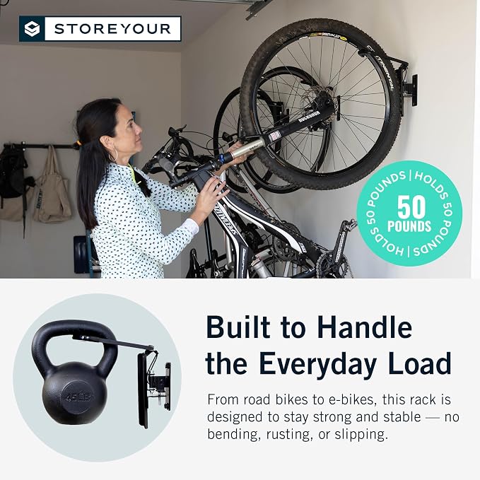 StoreYourBoard Bike Hangers for Garage | Garage Bike Rack Wall Mount, Vertical Bicycle Rack for Garage | 124° Swivel Bike Wall Mount with Stopper, Holds 50lbs, Fits All Wheel Diameters, Max 2.6” Tires