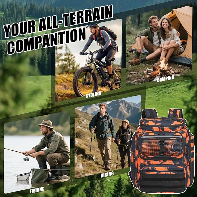 HAMBOLY Fishing Backpack 45L with Rod Holders, Water-Resistant Tackle Backpack for Fishermen, Large Capacity Fishing Gear Bag for Travel Hiking Camping
