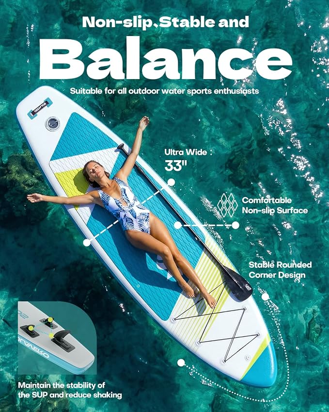 SOLAVERO Stand Up Paddle Board, 11‘ Inflatable SUP Supports 500LB - Wide Stable Board with Non-Slip EVA Deck for Adults & Youth of All Skill Levels