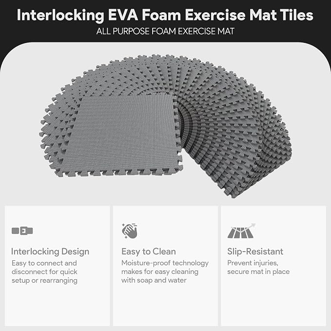 BalanceFrom Puzzle Exercise Mat 1/2" Thick, EVA Interlocking Foam Floor Tiles for Home Gym, Mat for Home Workout Equipment, Floor Padding for Kids, Gray, 24 in x 24 in x 1/2 in, 144 Sq Ft - 36 Tiles