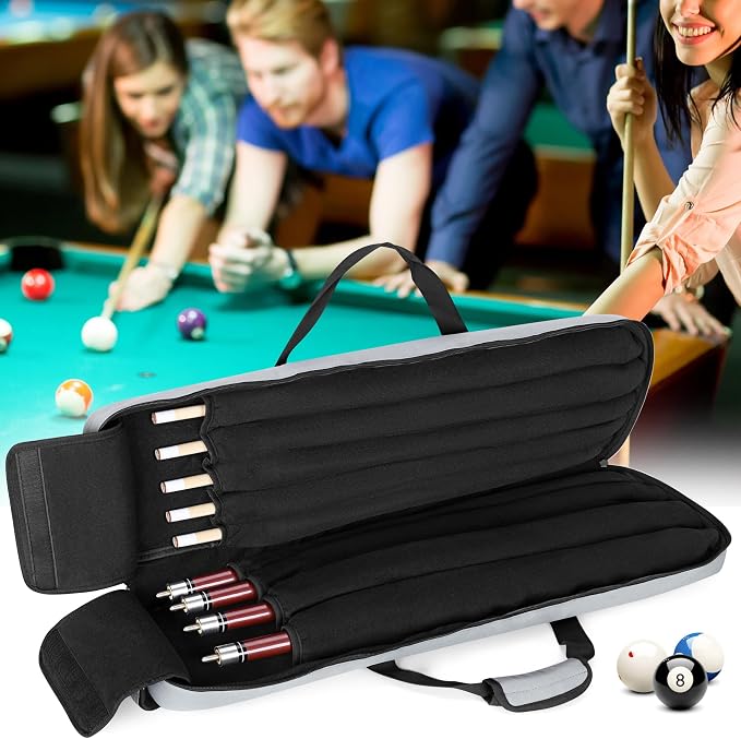 GOBUROS 4x5 Pool Cue Case, Billiard Stick Carrying Case Holds 4 Butts and 5 Shafts, Soft Pool Stick Bag with Large Front Accessories Pockets and Shoulder Strap for Easy Carry