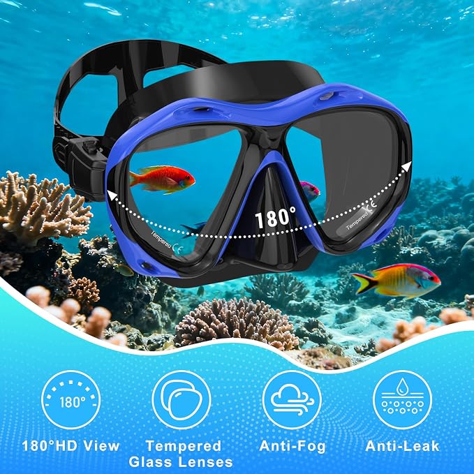 Snorkeling Gear for Adults, Mask Fin Snorkel Set, Dry Top Snorkel Mask, Panoramic View Anti-Leak Anti-Fog 3 in 1 Snorkeling Kit Travel Diving Package with Storage Bag