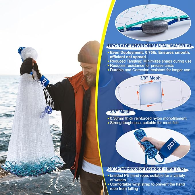 Goture American Fishing Cast Net Saltwater Freshwater, 3/8in Mesh Size Casting Net for Bait Fish Shrimp Trap, Dual Color Double Selvage Add Tape, Throw Cast Nets with Needle