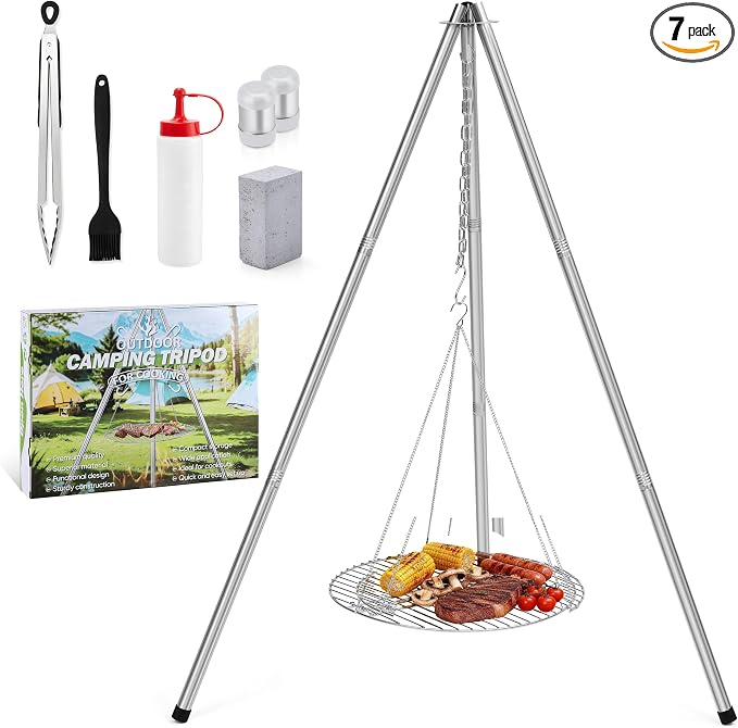 HaSteeL Campfire Tripod for Cooking, Stainless Steel Camping Tripod Grill for Outdoors Beach Backyard Firepit BBQ, Openfirer Stand Hanger with 17” Folding Rack & 6 Barbecue Tools, Adjustable Height