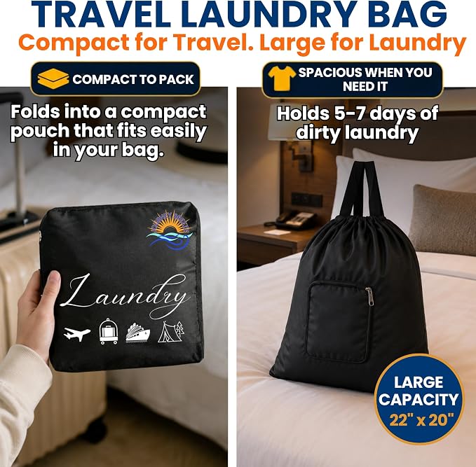 Travel Laundry Detergent Sheets Kit – 2-Size Travel Detergent Sheets + Lightweight Clothesline, Universal Sink Stopper & Foldable Laundry Bag Great for Hotels, Cruises, Camping & Trips