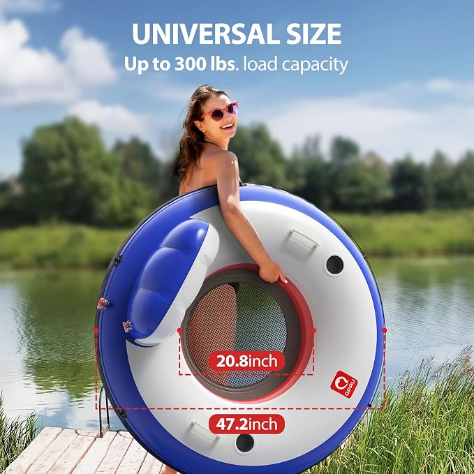 QPAU Inflatable River Tube, 0.4 mm Thickened Puncture-Resistant Heavy Duty River Float, River Raft with Ergonomic Backrest, Mesh Bottom & 2 Cup Holders for Family Friends Lake Float