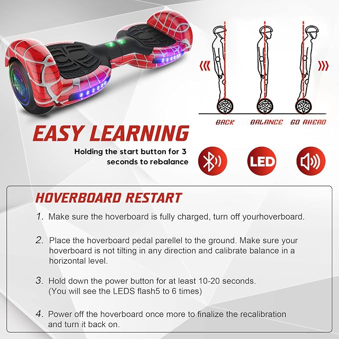 Spider-Pattern Hover Board for Kids Ages 6-12, with Bluetooth Speaker and LED Lights 6.5" Hover Board, UL2272 Safety Certified (Red)
