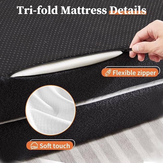 Folding Memory Foam Pads, 3" Tri-Fold Twin Topper with Washable Cover, Portable Guest Floor Bed Non-Slip for Travel Camping