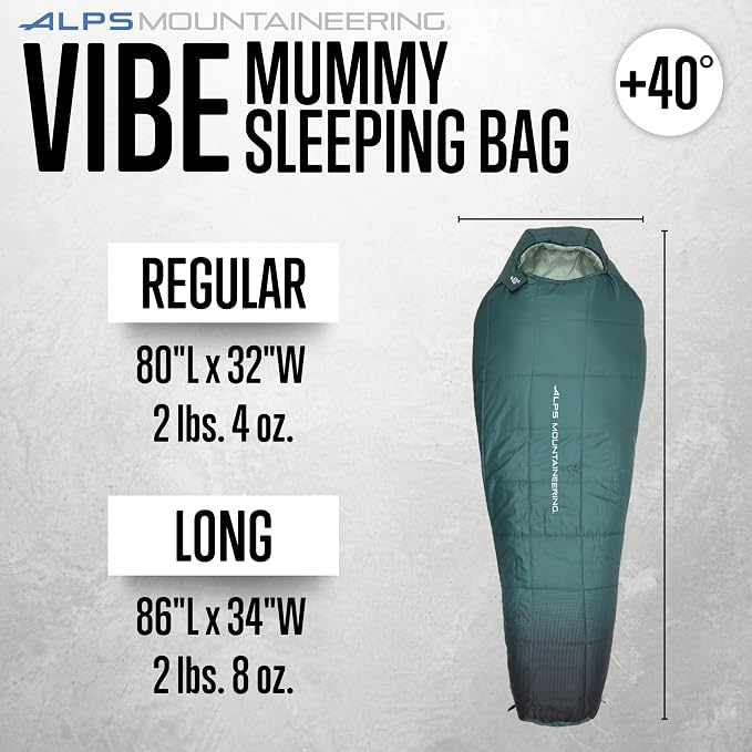 ALPS Mountaineering Vibe +40° Long Sleeping Bag – Lightweight 3-Season Mummy Bag with TechLoft Micro Insulation, Ripstop Shell & Compression Sack for Camping, Hiking & Backpacking