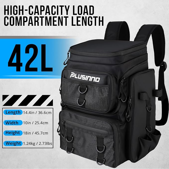 PLUSINNO Fishing Tackle Backpack with Rod Holders，42L Water-resistant Fishing Bag Store Fishing Gear,Fishing Gifts For Men.