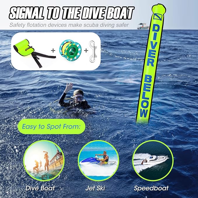 Surface Marker Buoy Set, 6ft Hi-Visibility Inflatable Closed Bottom Signal Tube Safety Sausage with 100ft/30m ABS Finger Spool Reel and Snap Kit for Underwater Scuba Diving