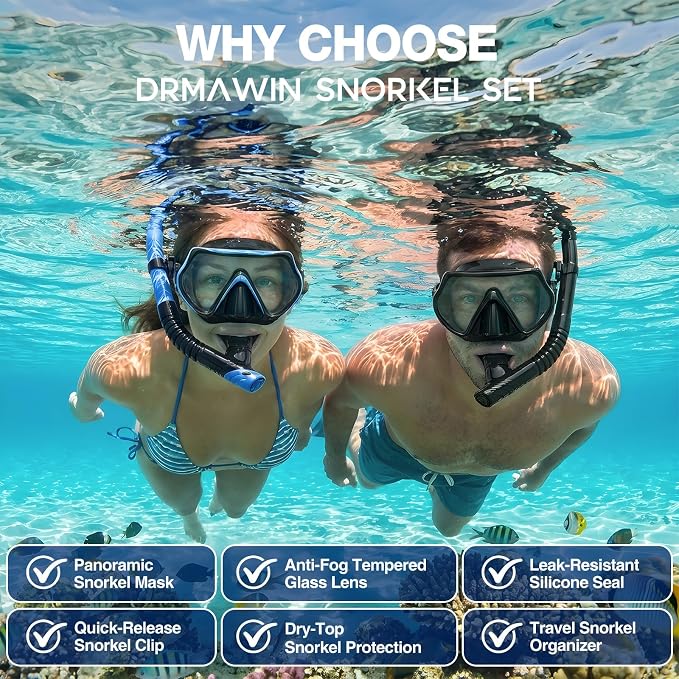 DRMAWIN Snorkeling Gear for Adults & Kids, Dry-Top Snorkel Set with 180° Tempered Glass Mask, Anti-Fog Anti-Leak, Travel Mesh Gear Bag