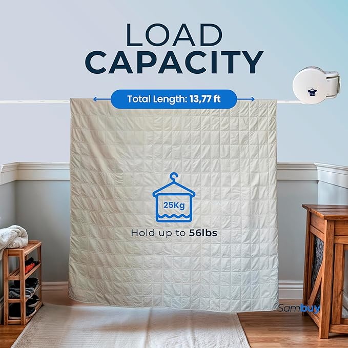 Retractable Clothesline Indoor Outdoor, 13.8 Ft Heavy Duty Drying Line with 34 Windproof Hanger Holes, Holds 56 lbs, Rustproof, Drill or No-Drill Wall Mount for Laundry & Bathroom