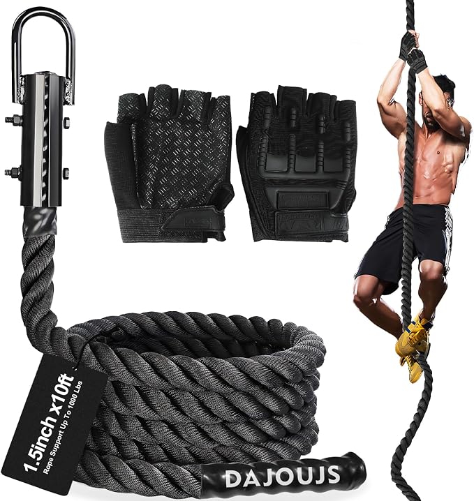 Climbing Rope Gym Workout - 1.5 Inch Dia 10FT 15FT 20FT 25FT 30FT 35FT 40FT 50FT Heavy Duty Work Out Rope Exercise Climbing Ropes for Adults Kids Fitness & Strength Training Outdoor & Indoor - Black