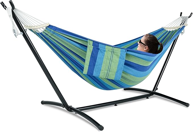 Gafete Double Hammock with Stand for Outside, Upgraded Spreader Bar, Heavy Duty Space Saving Steel Stand 2 Person, Side Pockets, Easy Assembly, 600lbs Weight Capacity, Indoor & Outdoor (Green Blue)