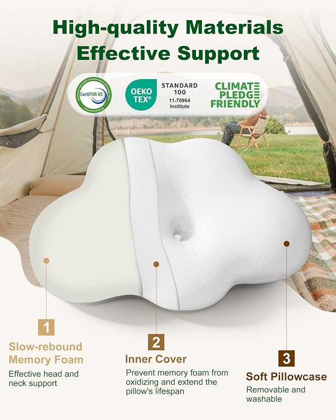 HOMCA Memory Foam Camping Pillow，Small Travel Pillow for Camping, Backing Hiking & Car, Portable Ergonomic Pillow with Removable Pillow(White)