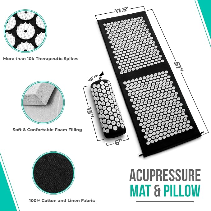 Sivan Health and Fitness Acupressure Mat and Pillow Set - Grounding Mat for Stress, Back & Neck Pain - Acupuncture Point Massage Mat for Muscle Relaxation, Sciatica, & Meditation - Includes Carry Bag