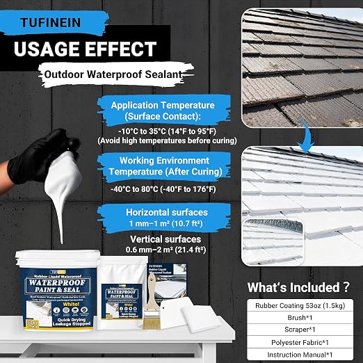 Rubber Liquid Waterproof Sealant, TUFINEIN 53oz/1.5kg White Quick Drying Multi Surface Foundation Leak Repair - Roof Gutters Basement Sealer Waterproof - Indoor & Outdoor Flexible Rubber Paint
