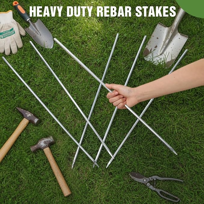 Gisafai 24 Pcs 24 Inch Ground Rebar Stakes Heavy Duty Ground Anchors Steel Plant Support Garden Stake Long Straight Metal Spikes with Chisel Point End for Concrete Timber Garden Plant Tent