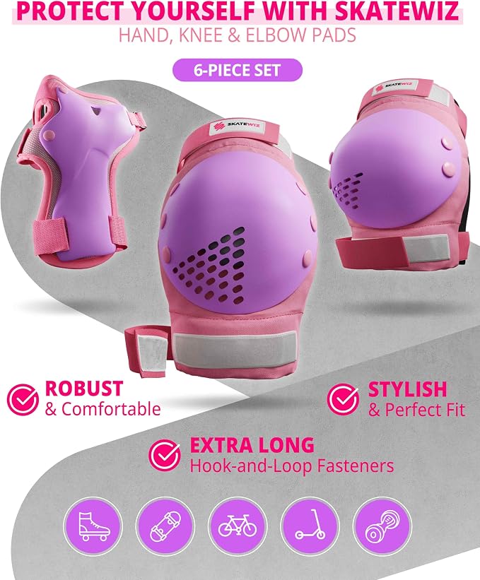 SKATEWIZ Skateboard Pads Protective Gear Set for Kids and Adults - Smash - Roller Skate Pads [6pc] with Wrist Guards - Skating Protective Gear - Roller Derby