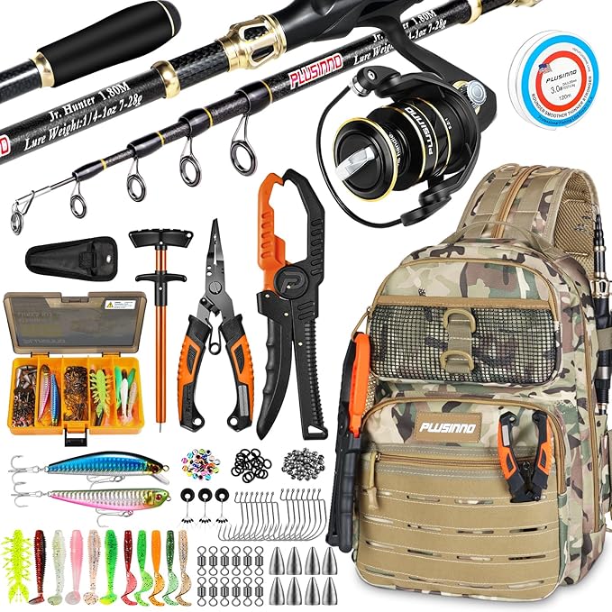 PLUSINNO Fishing Gear, Fishing Backpack with Fishing Rod, Tackle Box, Waterproof Tackle Backpack with Rod Holders,Lures, Tools, Pliers & Accessories, Fish Gifts for Men