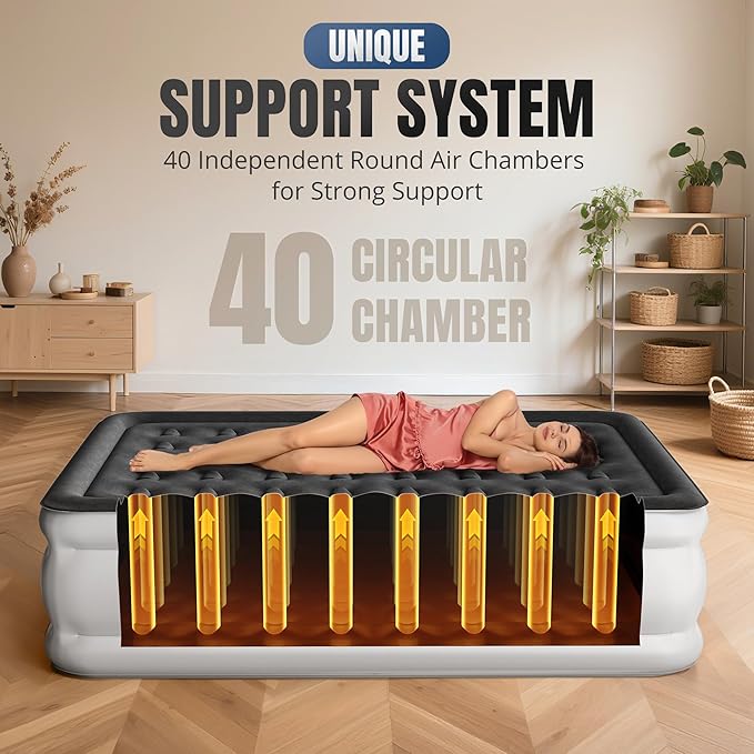 KNZZO Queen Air Mattress with Built-in Pump, 18" Top Inflatable Mattress with Waterproof Flocking Fabric, Three-Minute Quick-Inflatable Bed. Portable Blow Up Mattress for Home, Outdoor and Guests