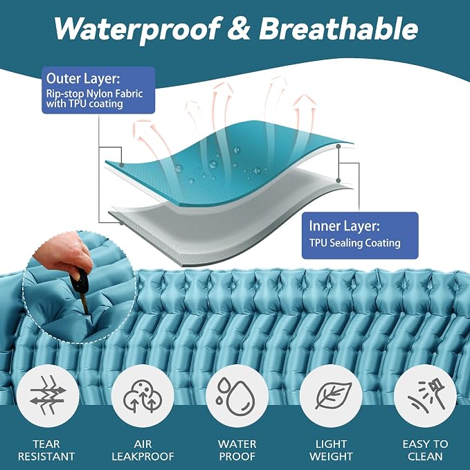 Double Sleeping Pad for Camping - Ultralight Camping Mattress with Pillow, Built-in Foot Pump, Compact Inflatable 2-Person Portable Mat for Backpacking, Hiking, Car Traveling, Beach, Tent