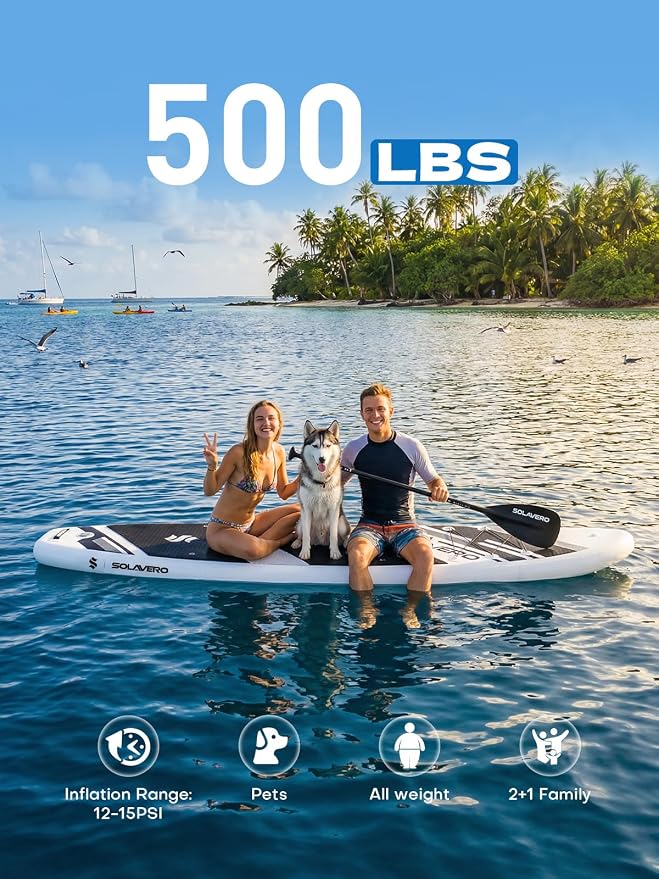 SOLAVERO Stand Up Paddle Board, 11‘ Inflatable SUP Supports 500LB - Wide Stable Board with Non-Slip EVA Deck for Adults & Youth of All Skill Levels