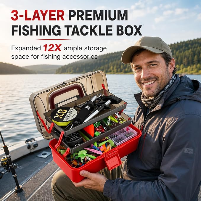 3-Layer Tackle Box with Tackle Included, 680Pcs Fishing Lures Kit- Pliers, Crankbait, Hooks, Weights & Accessories, Freshwater Saltwater Gear Bag for Bass Trout, Fishing Gift for Men Dad