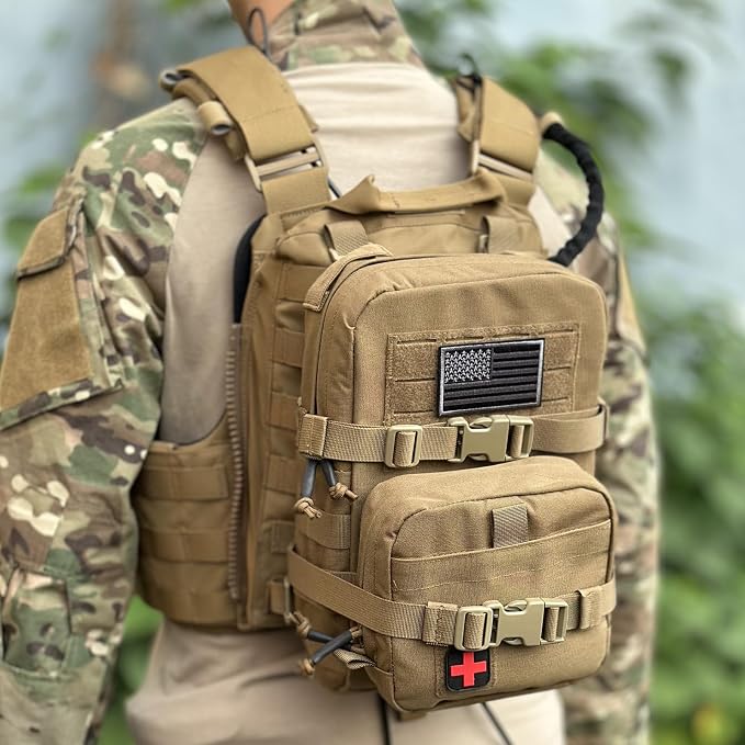 Tactical Mini Molle Hydration Pack,Molle Hydration Carrier with IFAK Pouch&US Flag&Med Patch,Hydropack for 2L Water Bladder