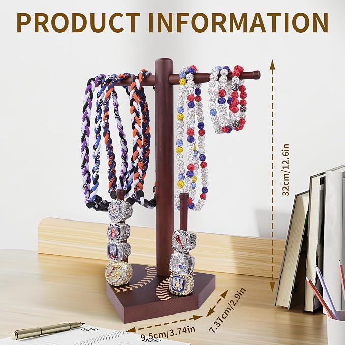 Baseball Ring Display Holder for Championship Rings & Necklaces, Wooden Sports Jewelry Organizer with Bat Stand for Baseball Softball Players, Athlete Gift Display Case for Rings Bracelets Medals