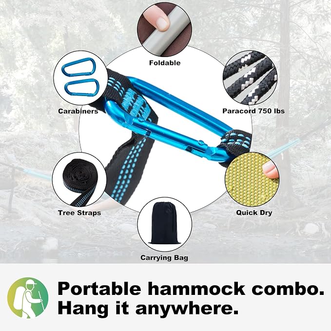 GAFETE 14ft 2 Person Hammock for Outside, Quick Dry Textilene, Portable Hammocks Without Stand with Folding Steel Spreader Bar, Carrying Bag, Tree Straps, Pillow & Sidebag, 550 lbs Capacity (Green)