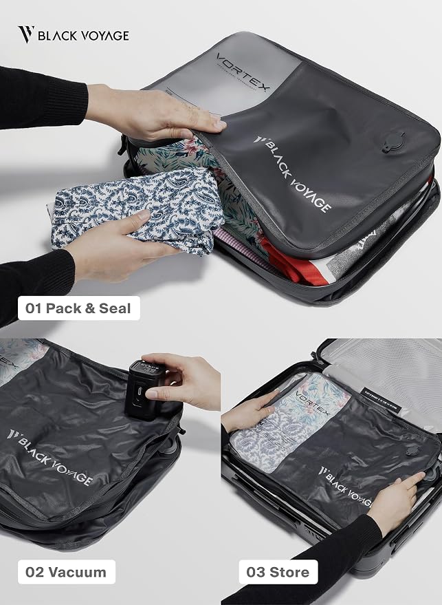 Black Voyage Reusable Vacuum Compression Travel Bag for Carry-On Suitcase and Backpack, Recycled IPX8 Waterproof Space Saver Vacpack (1-Pack, 21L - No Pump)